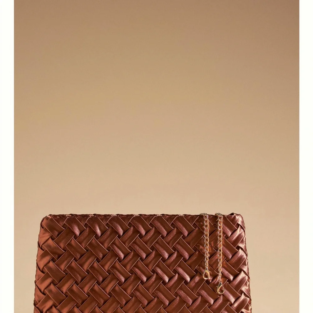 Anthropologie Metallic Copper Woven Satin Clutch with Chain